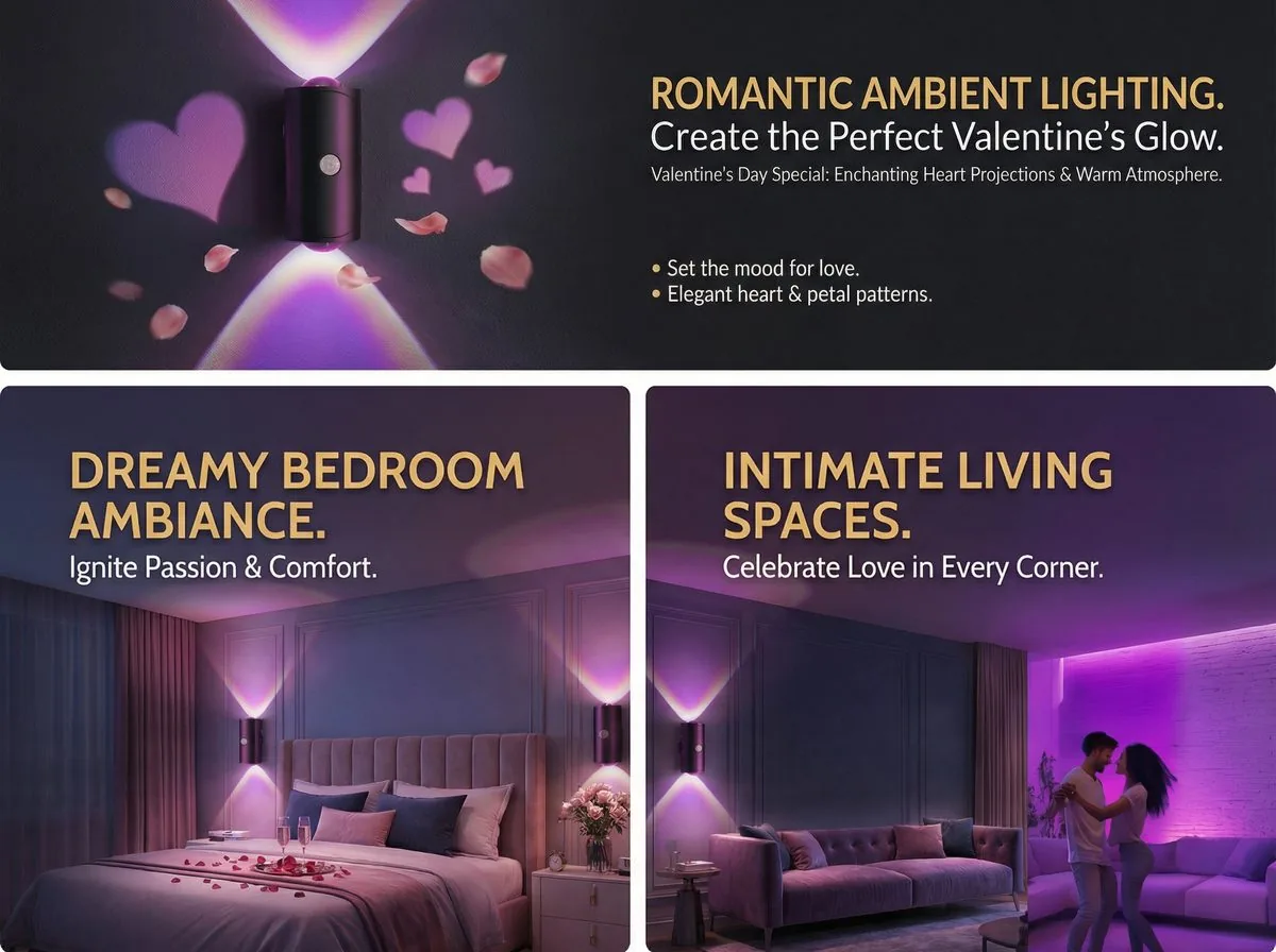 Warm purple bedroom lit by a ZSYZDL lamp casting romantic heart and petal projections