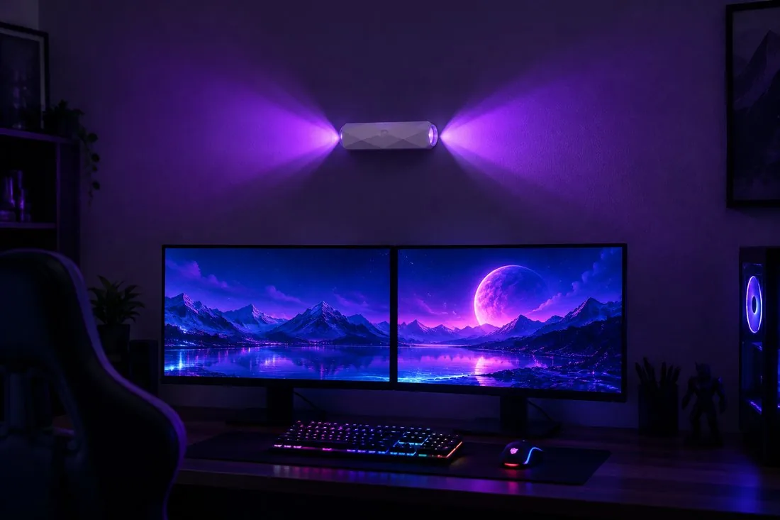 Purple RGB wall lamp ambient lighting above a gaming desk setup