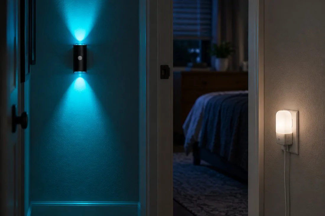 Magnetic motion sensor light and plug-in night light side by side