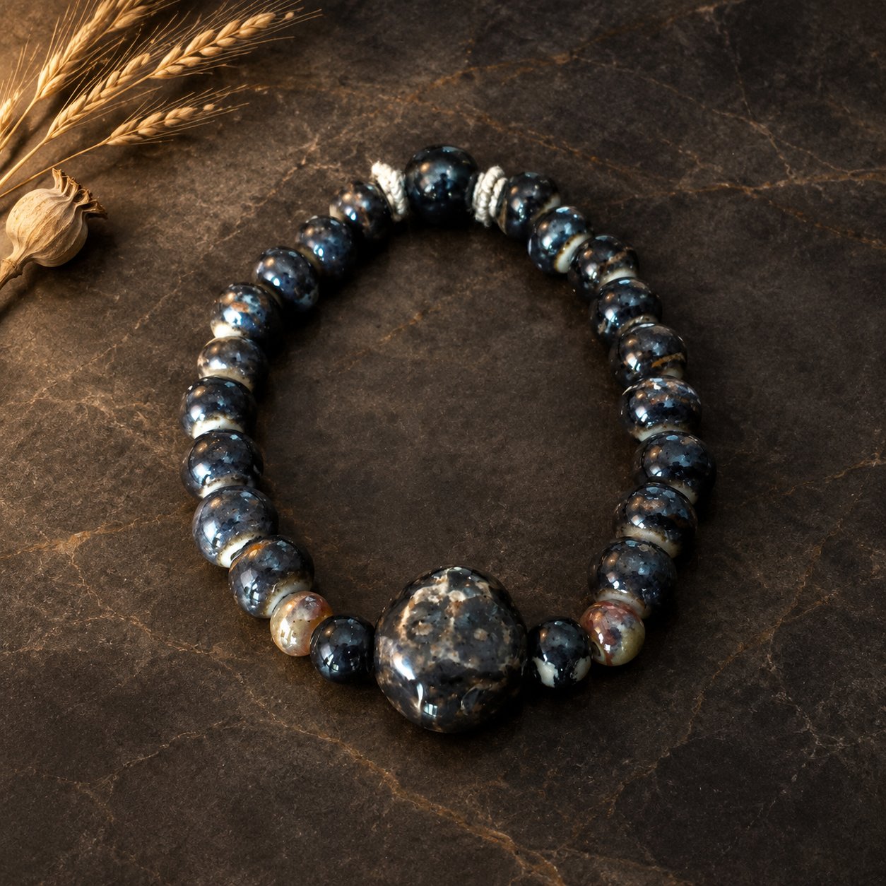 Midnight Ink — dark ink glaze round ceramic beaded bracelet on black marble